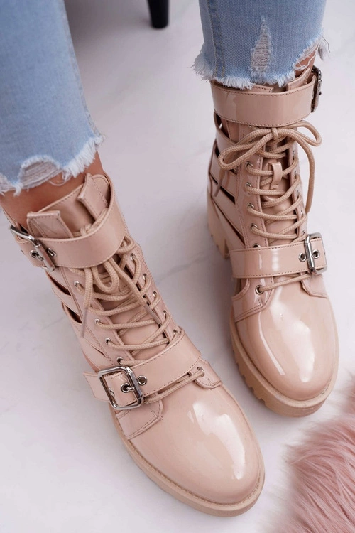 Botki Damskie Płaski Obcas Wiosenne Lakierowane Beżowe Single