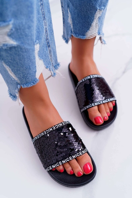 Damskie Klapki Czarne Opalizujące Nice