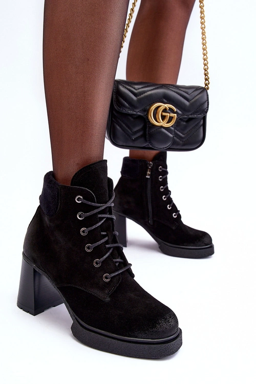 Botki Zamszowe Sznurowane Na Słupku Czarne Lemar Flomes