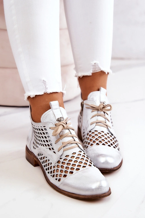 Zazoo 2704 Skórzane Ażurowe Botki Biało-Srebrne