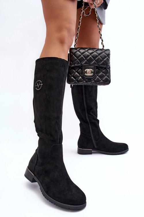 Zamszowe Kozaki Damskie Na Płaskim Obcasie Czarne Albuna