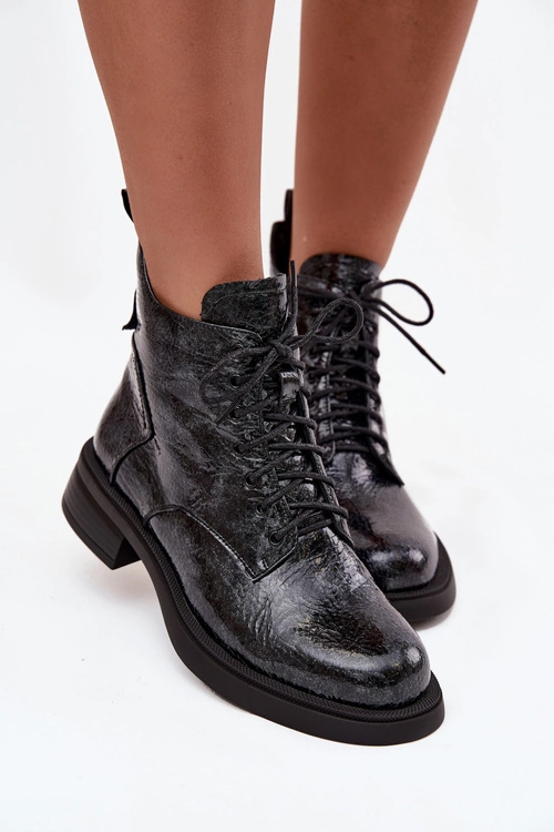 Lakierowane Skórzane Botki Damskie Na Klocku D&A LZ52-954 Granatowe