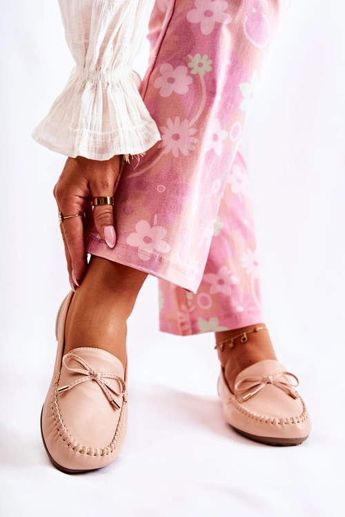 Damskie Skórzane Mokasyny Z Kokardą Nude Aurila