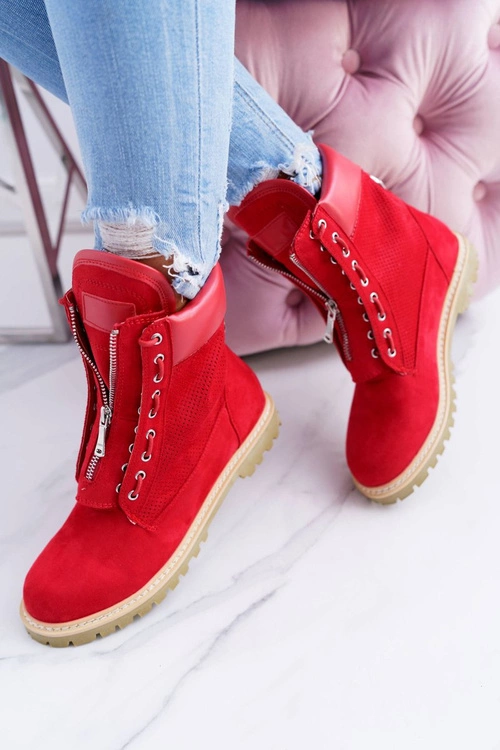 Lu Boo Damskie Czerwone Zamszowe Timberki Trapery Suwaki Nancy