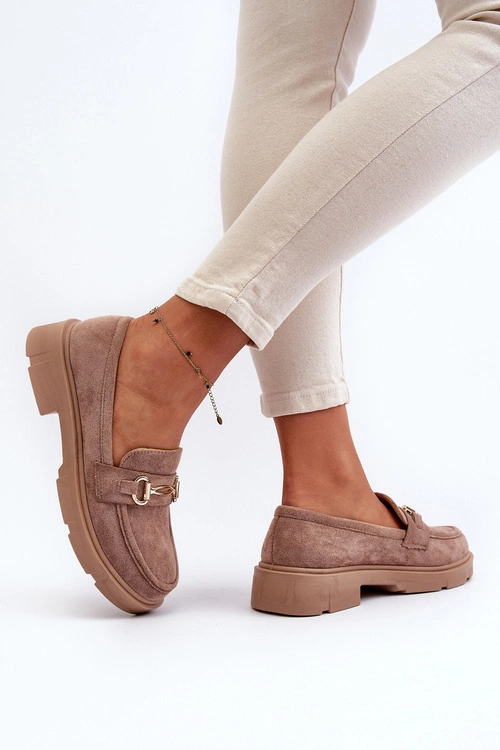 Mokasyny Damskie Ze Złotą Ozdobą Eko Zamszowe Brązowe Lighas