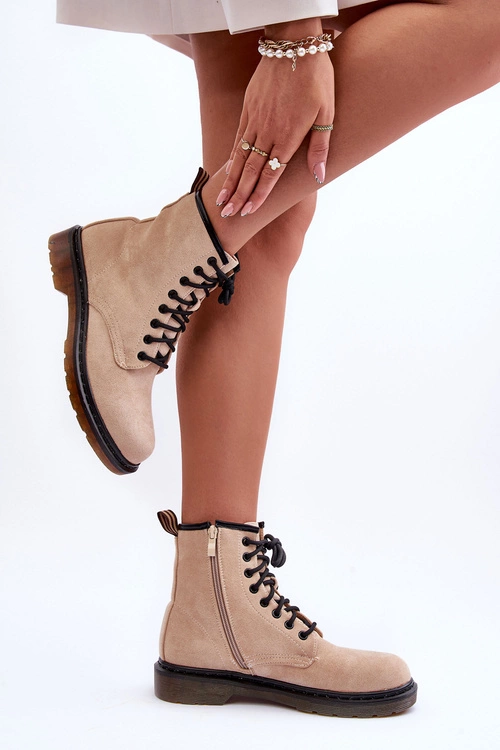 Zamszowe Botki Workery Na Płaskim Obcasie Beżowe Asteoris