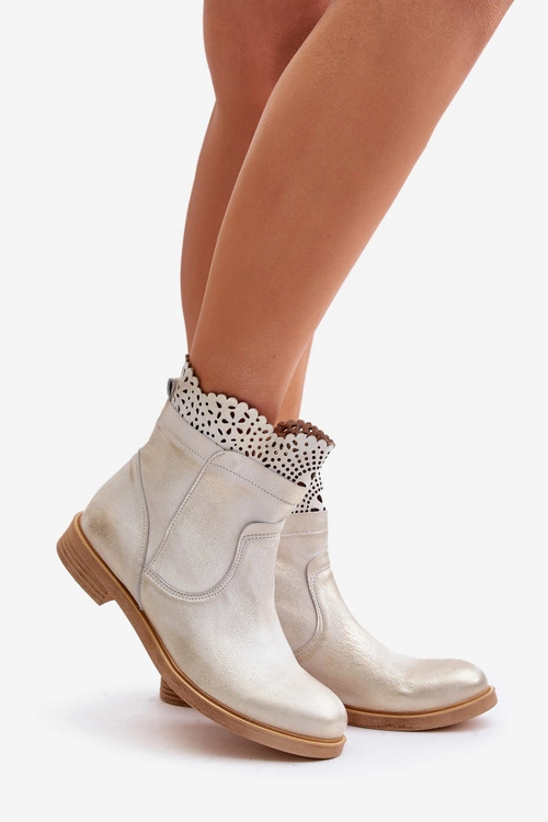 Niskie Botki Damskie Na Płaskim Obcasie Skórzane Lewski 3624 Złote Przecierane