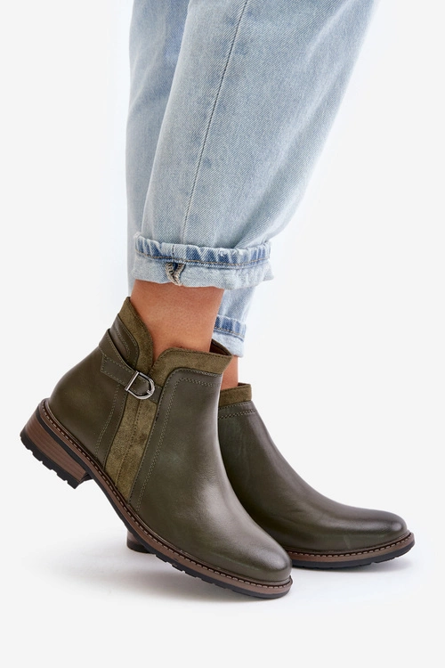 Ocieplane Botki Damskie Z Niską Cholewką Na Zamek Eko Skórzane Ciemnozielone Taitha