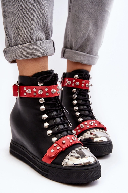 Ocieplane Botki Na Koturnie Z Dżetami Ekoskóra Lu Boo Czarne