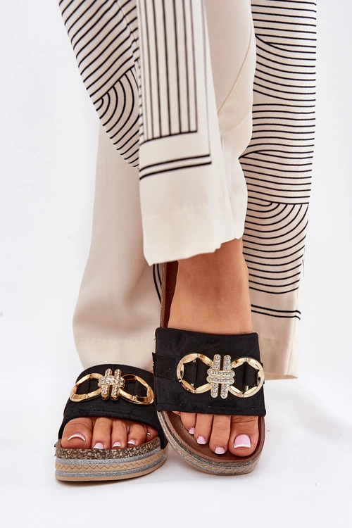 Klapki Damskie Na Platformie Z Brokatem I Złotą Ozdobą Czarne Rilirea