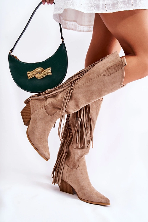 Damskie Zamszowe Kozaki Kowbojki Z Frędzlami Beżowe Simplo