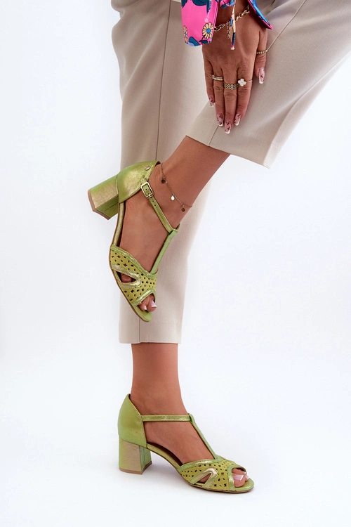 Sandały Skórzane Damskie Na Obcasie Maciejka 06551-09 Limonkowe