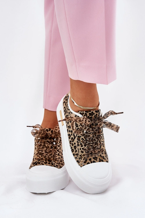 Trampki Damskie Na Masywnej Platformie Z Ozdobnym Sznurowaniem Panterka Brązowe Zidora