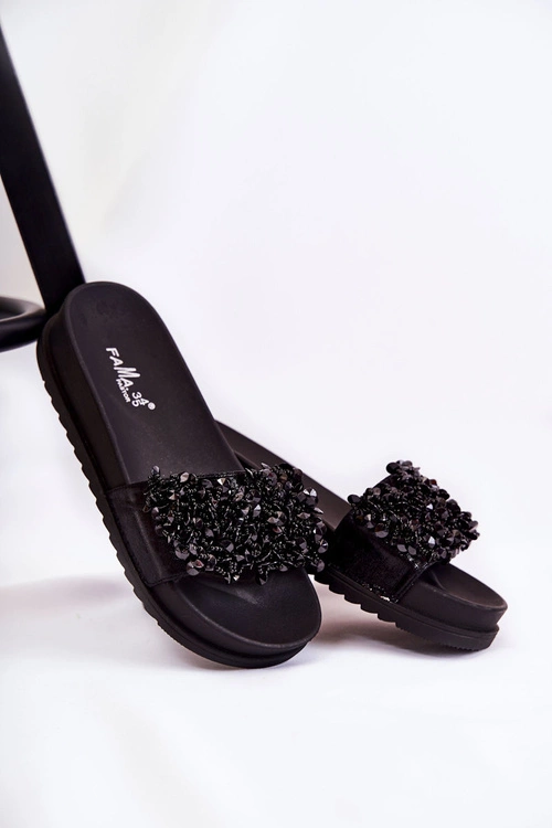 Damskie Klapki Na Platformie Z Ozdobami Czarne Almina