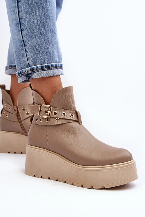 Skórzane Botki Damskie Na Koturnie Platformie Z Paskami Zazoo 1752 Beżowe