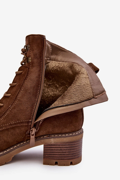 Damskie Botki Na Niskim Obcasie Sznurowane Brązowe Adinail