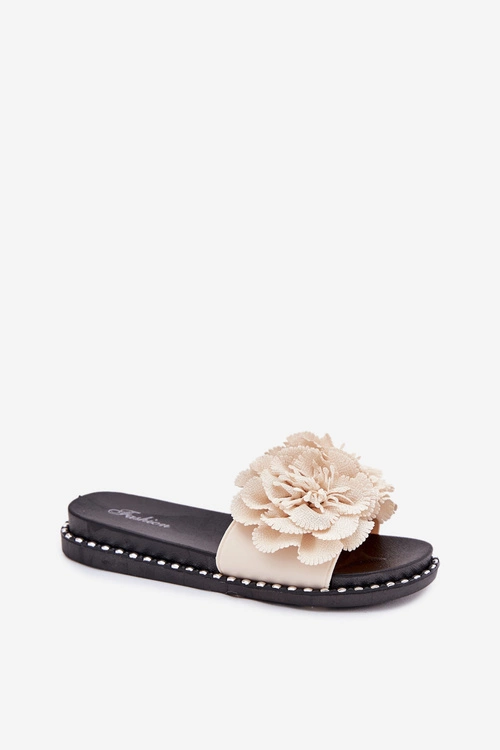 Klapki Damskie Z Materiałowymi Kwiatami Beżowe Elachase