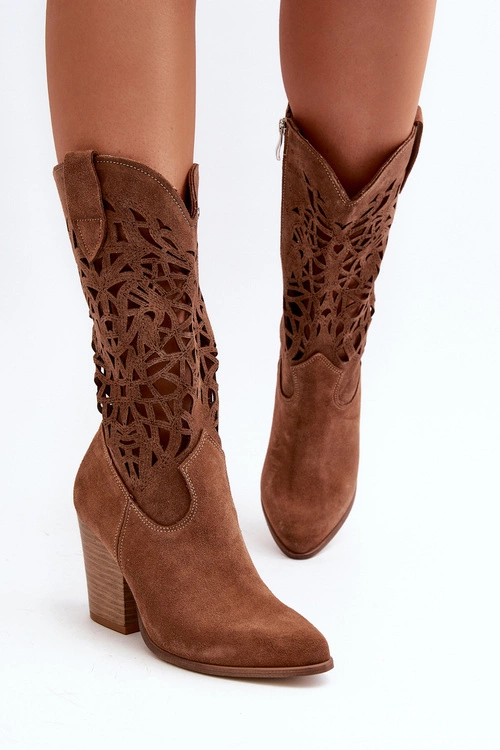 Zazoo 3414 Damskie Ażurowe Botki Na Słupku Zamszowe Brązowe