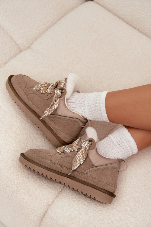 Zamszowe Śniegowce Damskie Z Futerkiem I Grubym Sznurowaniem Vinceza 97963 Beżowe