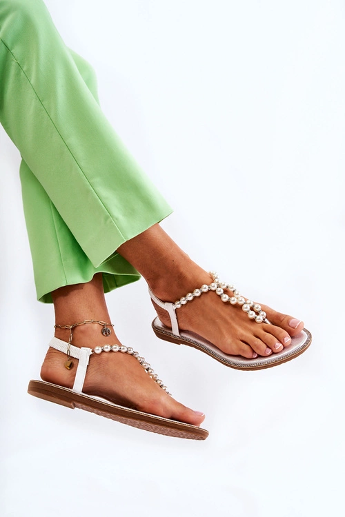 Modne Sandały Japonki Z Perłami Białe Isalia