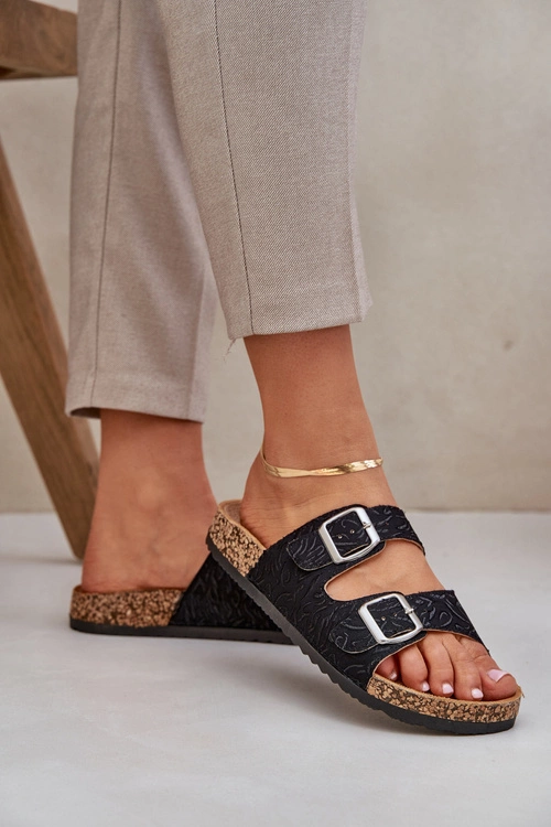 Materiałowe Klapki Na Korkowej Podeszwie Z Klamrami Czarne Atera