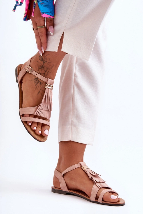 Płaskie Zamszowe Sandały Z Frędzlami Jasnoróżowe Viva