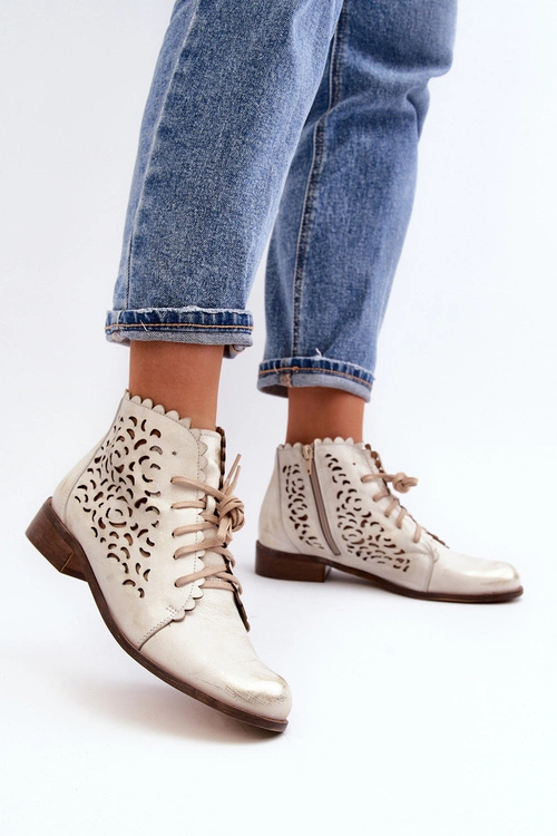 Zazoo 2871 Ażurowe Botki Damskie Sznurowane Złote Przecierane