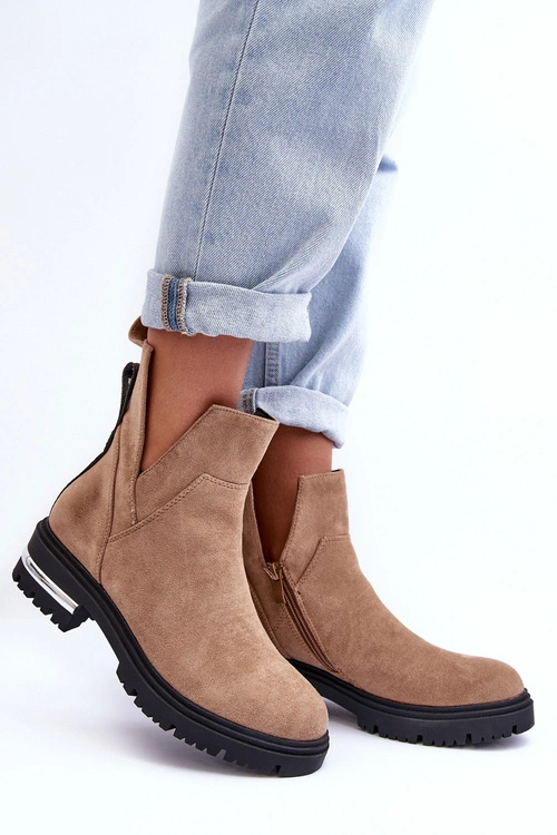 Zamszowe Botki Na Płaskim Obcasie Z Wycięciami Beżowe Lamedella