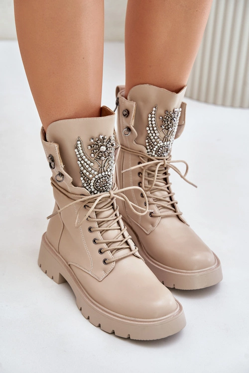 Eko Skórzane Botki Workery Ze Zdobieniem Ocieplane D&A MR880-080 Beżowe