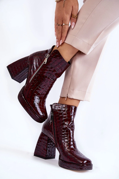 Skórzane Botki Na Obcasie Krokodyli Wzór Bordowe Alienore