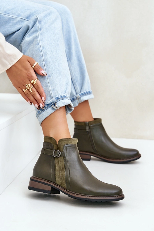 Ocieplane Botki Damskie Z Niską Cholewką Na Zamek Eko Skórzane Ciemnozielone Taitha