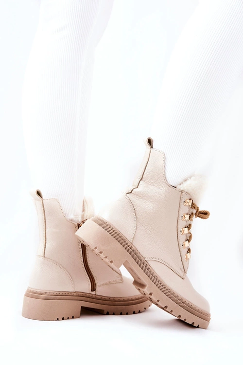 Skórzane Ocieplane Botki Beżowe Khaleni