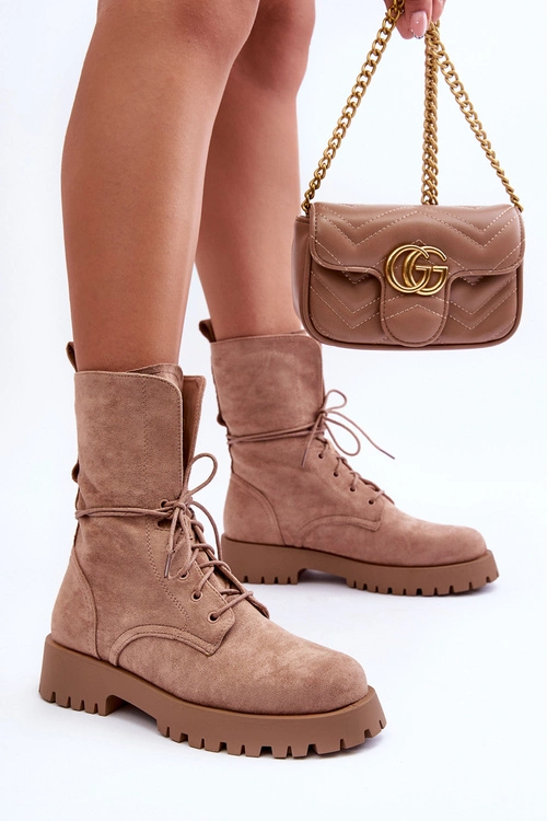 Zamszowe Workery Botki Na Płaskim Obcasie Beżowe Jence