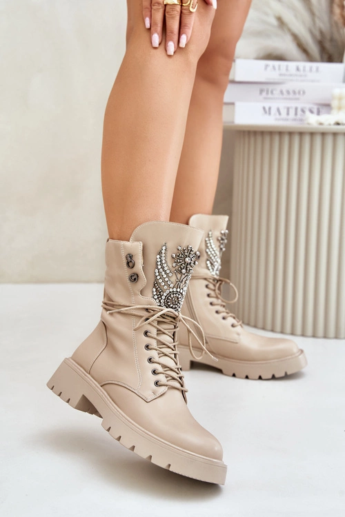 Eko Skórzane Botki Workery Ze Zdobieniem Ocieplane D&A MR880-080 Beżowe