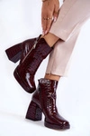 Skórzane Botki Na Obcasie Krokodyli Wzór Bordowe Alienore