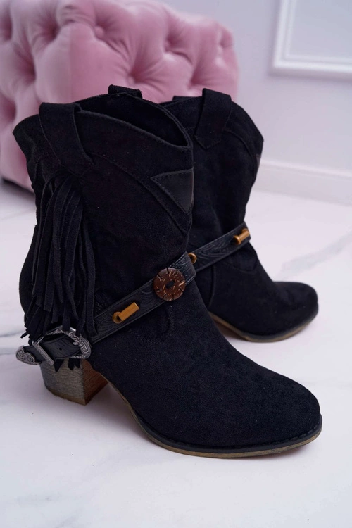 Botki Damskie Kowbojki z Klamrą Czarne Marciapo