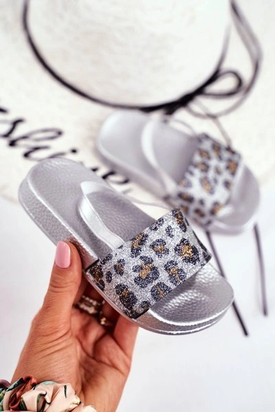 Dziecięce Klapki Dziewczęce Brokat Leopard Srebrne Rimia