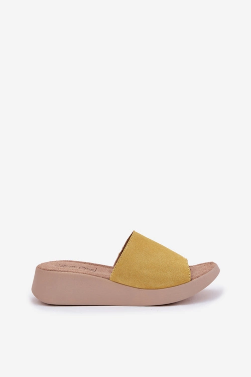 Zamszowe Klapki Damskie Na Koturnie Panto Fino RR267038 Żółte