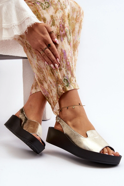 Zazoo 2893 Sandały Damskie Skórzane na Grubej Podeszwie Złote