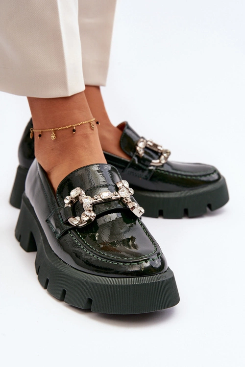 Damskie Lakierowane Mokasyny Z Ozdobą Ciemnozielone Arsaba