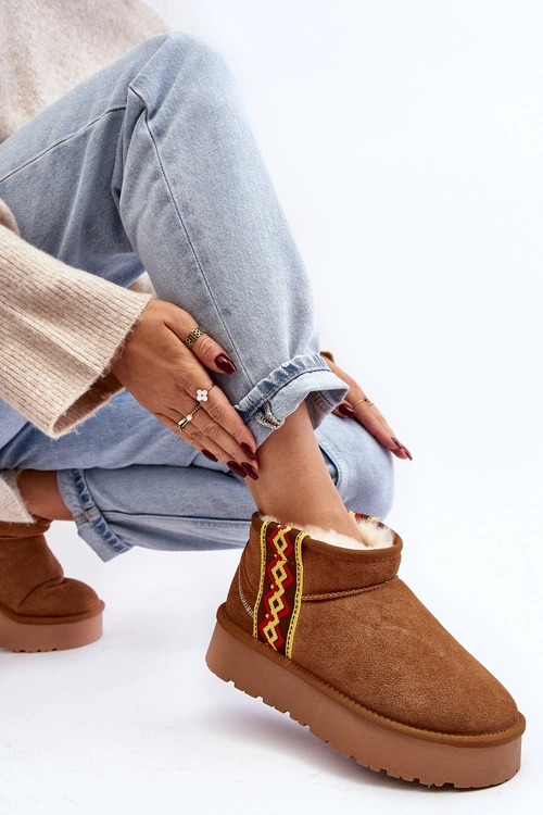 Skórzane Zamszowe Śniegowce Damskie Na Grubej Podeszwie Camel Vebissat