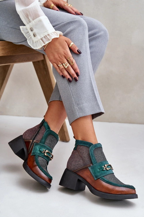 Skórzane Botki Damskie Na Masywnym Obcasie Z Ozdobą Maciejka 06747-29 Brązowo-Zielone