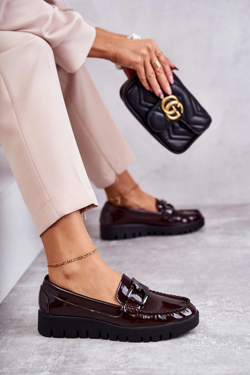 Lakierowane Półbuty Loafery Na Platformie Bordowe Kjersti