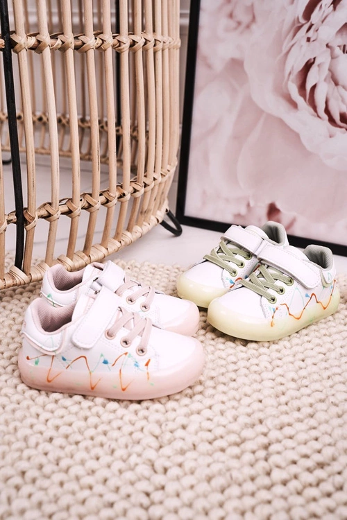 Dziecięce Sportowe Buty Ze Świecącą Podeszwą LED Biało-Zielone Disco