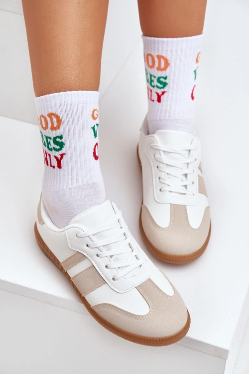 Niskie Sneakersy Damskie Z Eko Skóry Beżowo-Białe Nonalorin