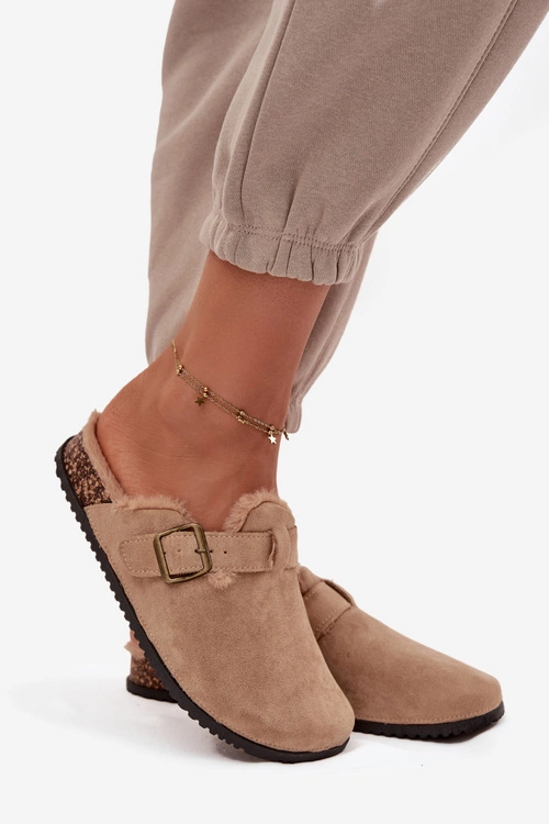 Klapki Chodaki Damskie Ocieplane Futerkiem Z Klamrą Beżowe Sylisse