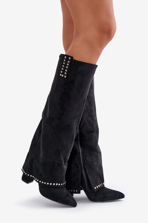 Kozaki Damskie Z Wywiniętą Cholewką Na Słupku Czarne Kaithena