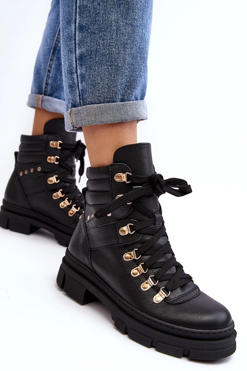 Damskie Skórzane Trapery Botki Sznurowane Zazoo K01 Czarne