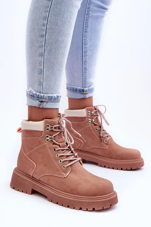 Damskie Skórzane Ocieplane Trapery Różowe Poles