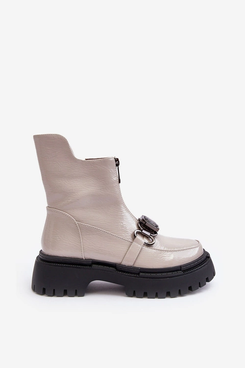 Lakierowane Damskie Botki Na Suwak D&A MR870-94 Jasnoszare